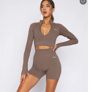 White Fox Boutique Seamless High Waisted Shorts in Cocoa/Light Brown.